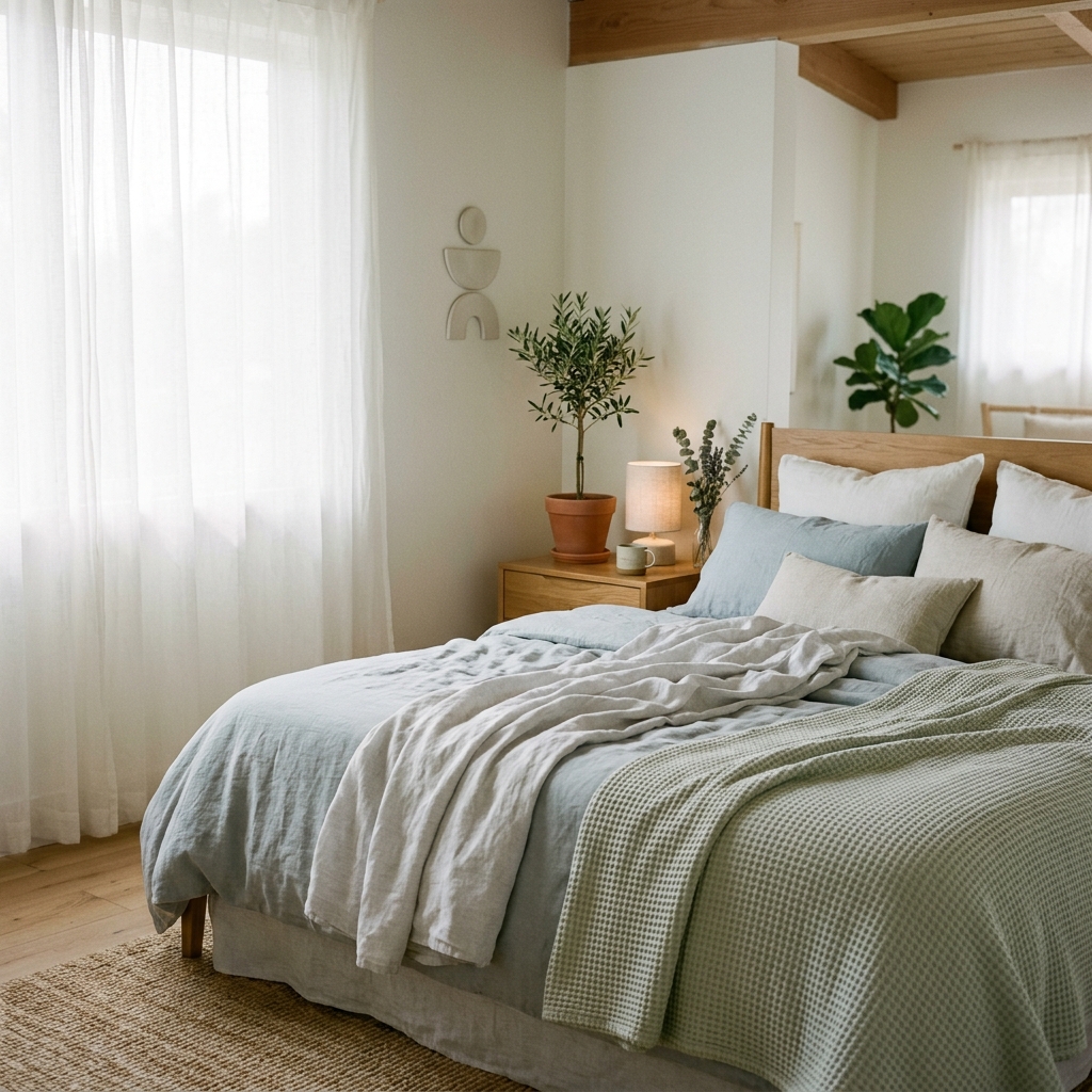 Cooling bedroom environment with light linen sheets