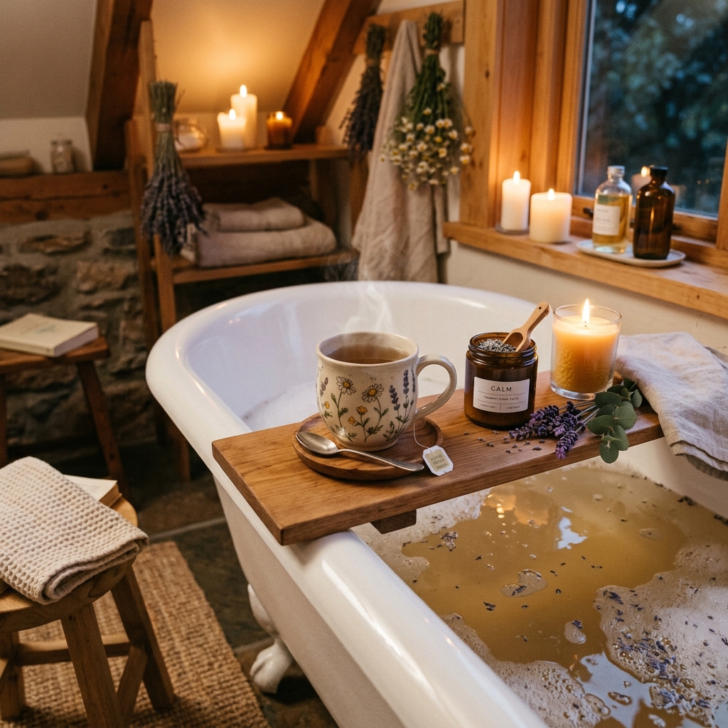 Evening wind-down ritual with epsom salt bath and herbal tea