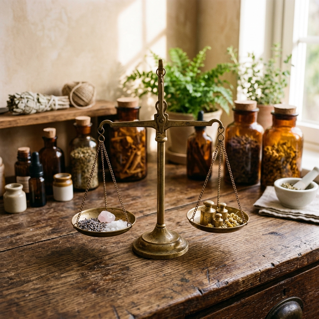 Vintage brass scale balancing on a wooden table