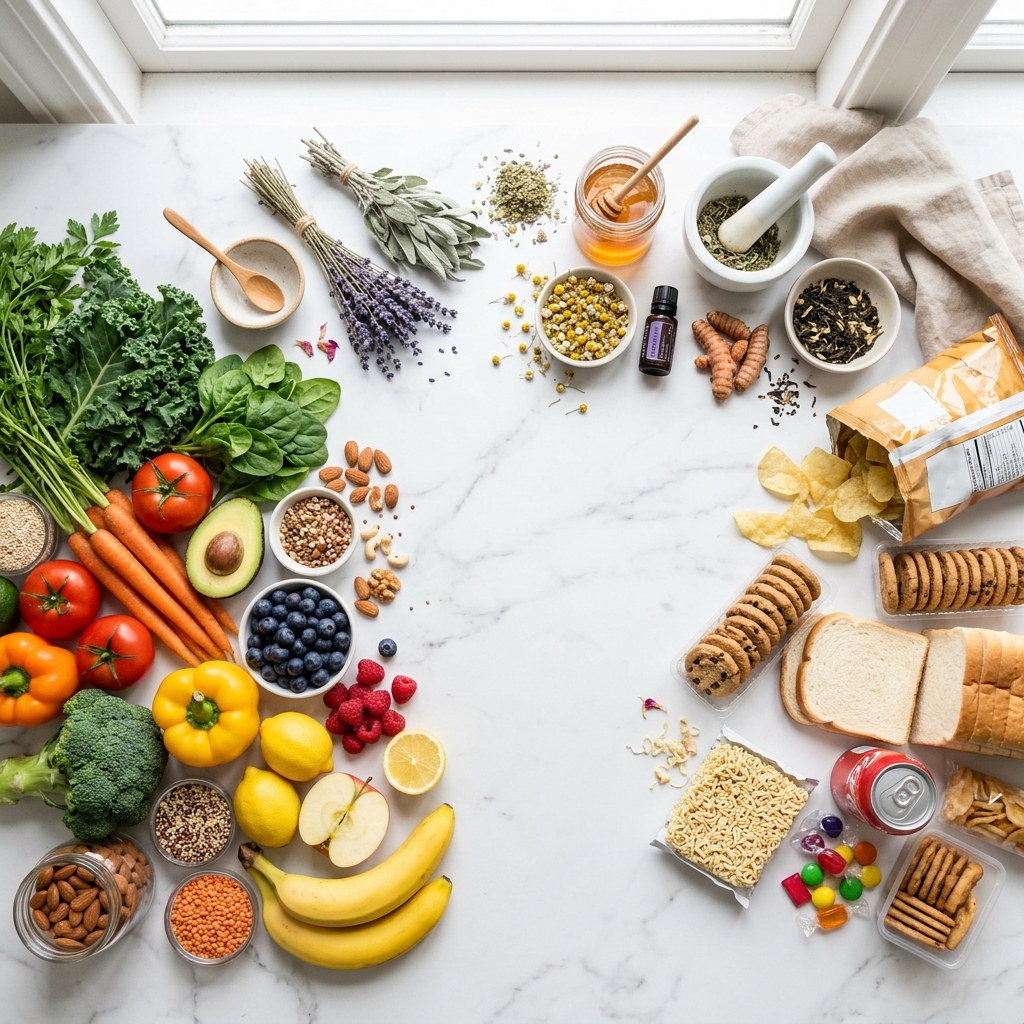 Healthy whole foods vs processed foods flatlay for menopause diet