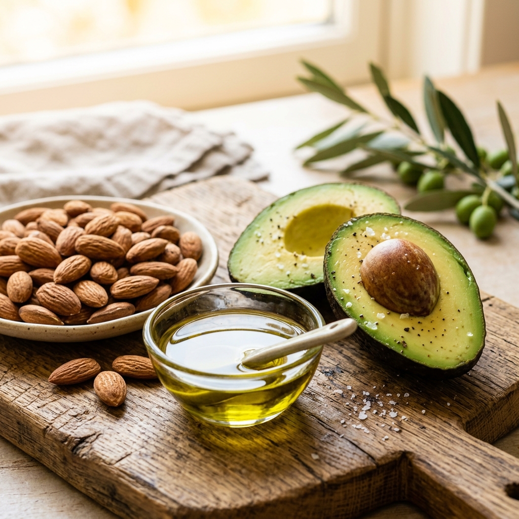 Cold-pressed olive oil, avocado, and almonds representing healthy fats for menopause